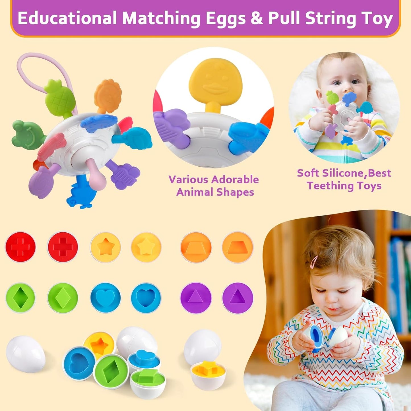 Juguetes para bebés de 6 a 12 meses, cubos sensoriales Montessori y juguetes de dentición, bloques apilables 6 en 1, anillos, huevos, giratorio, forma de cangrejo, 27 piezas, edades de 6 a 36