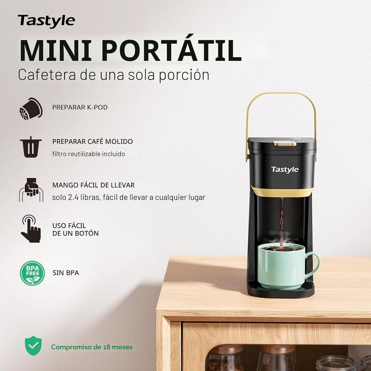 Tastyle Cafetera de Una Sola Porción de Una Taza, para Cápsulas K y...