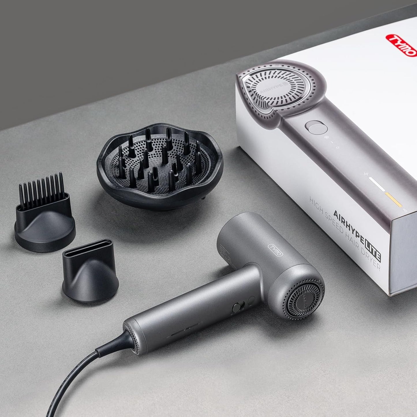 Secador de pelo TYMO con difusor, secador de pelo profesional AIRHYPE Lite de 1500W de alta velocidad con peine para secado rápido, motor sin escobillas de 110,000RPM, 200 millones de secador de pelo