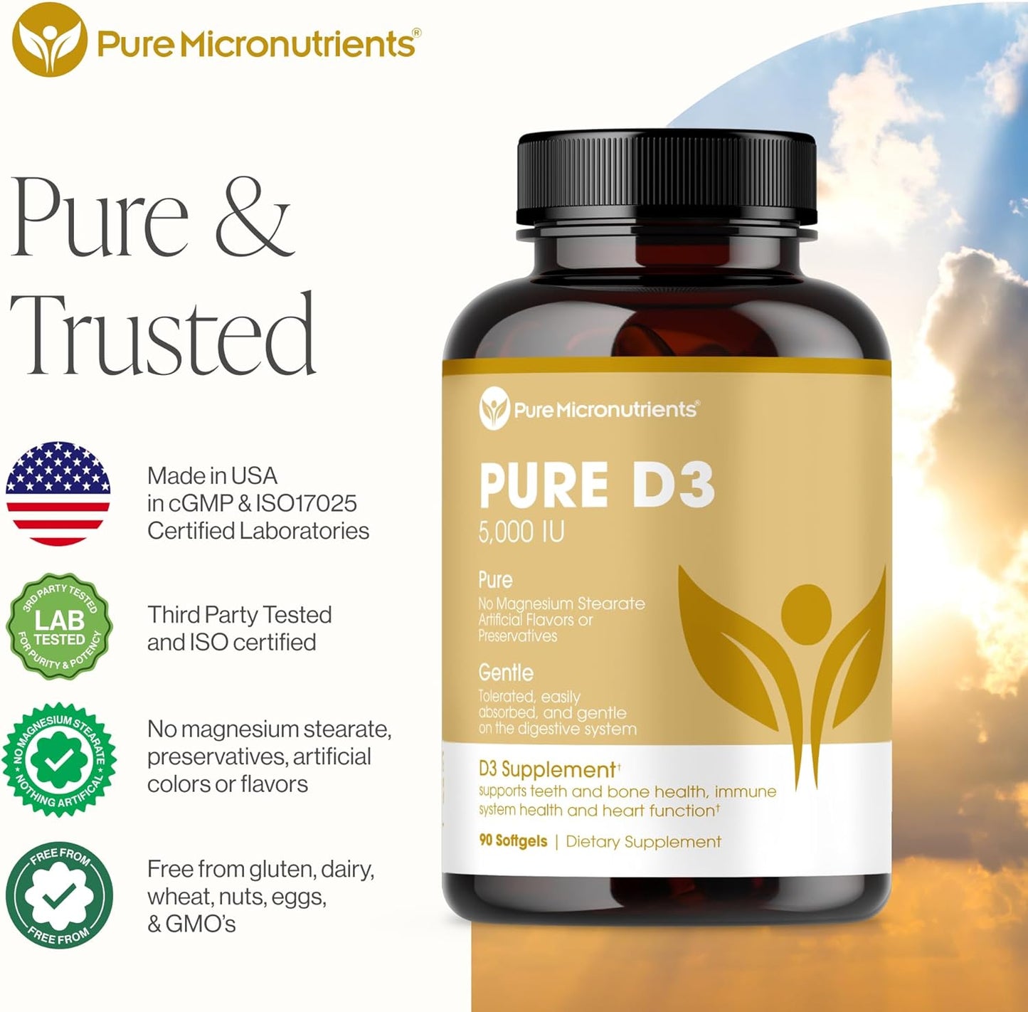 Pure Micronutrients Pure D3 - Vitamina D3 5000 UI, suplementos natu...