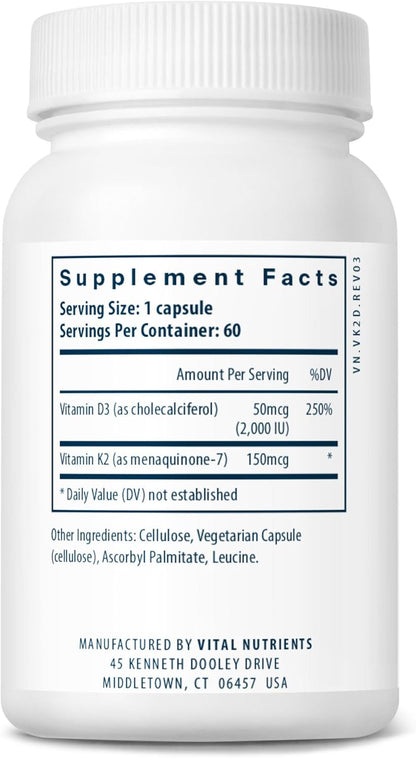 Vital Nutrients Vitamina D3 + K2 | 2000 UI | Suplemento de vitamina...