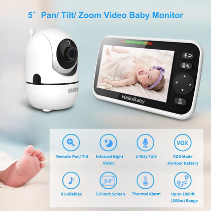 HelloBaby Monitor de bebé sin WiFi, pantalla de 5 pulgadas, batería de 30 horas, video de panorámica/inclinación/zoom mejorado con cámara y audio, visión nocturna, VOX, conversación bidireccional, 8