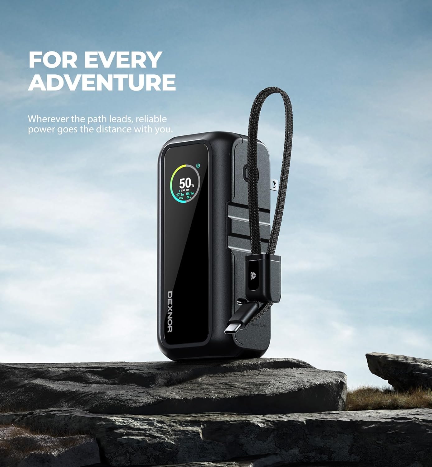 Dexnor Banco de energía 3 en 1, batería de 15,000 mAh con salida de 65 W, enchufe de CA plegable, cable de mango USB integrado, compatible con carga rápida PD3.0 y PPS, cargador portátil elegante para