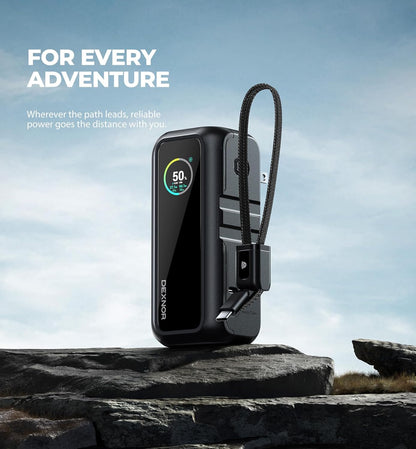 Dexnor Banco de energía 3 en 1, batería de 15,000 mAh con salida de 65 W, enchufe de CA plegable, cable de mango USB integrado, compatible con carga rápida PD3.0 y PPS, cargador portátil elegante para