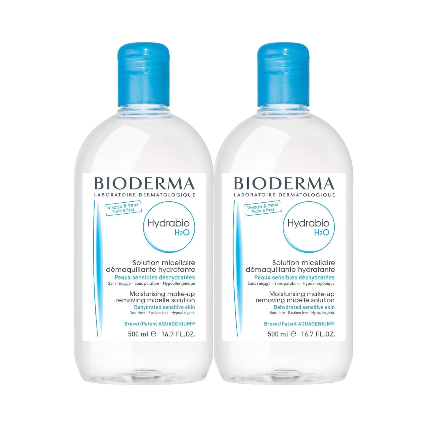 Bioderma Hydrabio DUO H2O - Limpiador de agua micelar y desmaquillante para pieles sensibles deshidratadas, 33.4 onzas líquidas