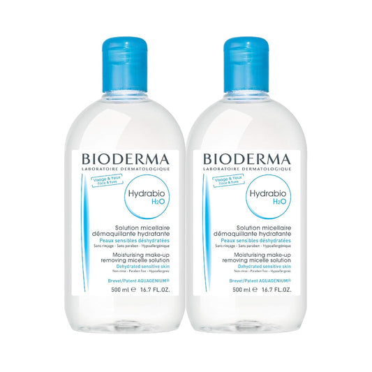 Bioderma Hydrabio DUO H2O - Limpiador de agua micelar y desmaquillante para pieles sensibles deshidratadas, 33.4 onzas líquidas