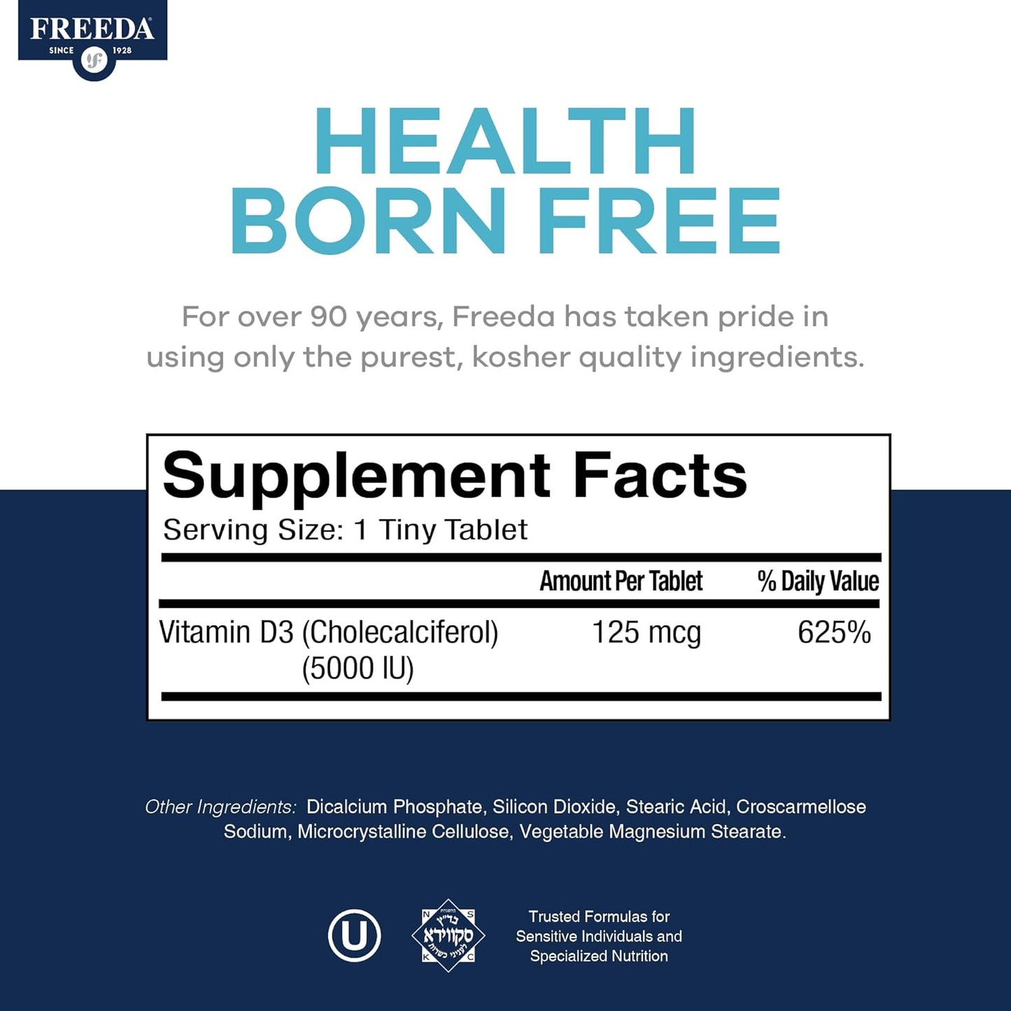 FREEDA Vitamina D3-5000 UI - Tabletas de suplemento Kosher de alta...