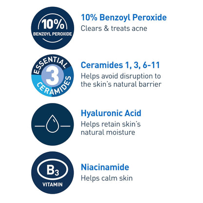 CeraVe Crema Espumosa Limpiadora para el Acné, Limpiador Suave para Rostro y Cuerpo con Peróxido de Benzoilo al 10%, Ácido Hialurónico y Niacinamida, Tratamiento con Peróxido de Benzoilo al 10% que