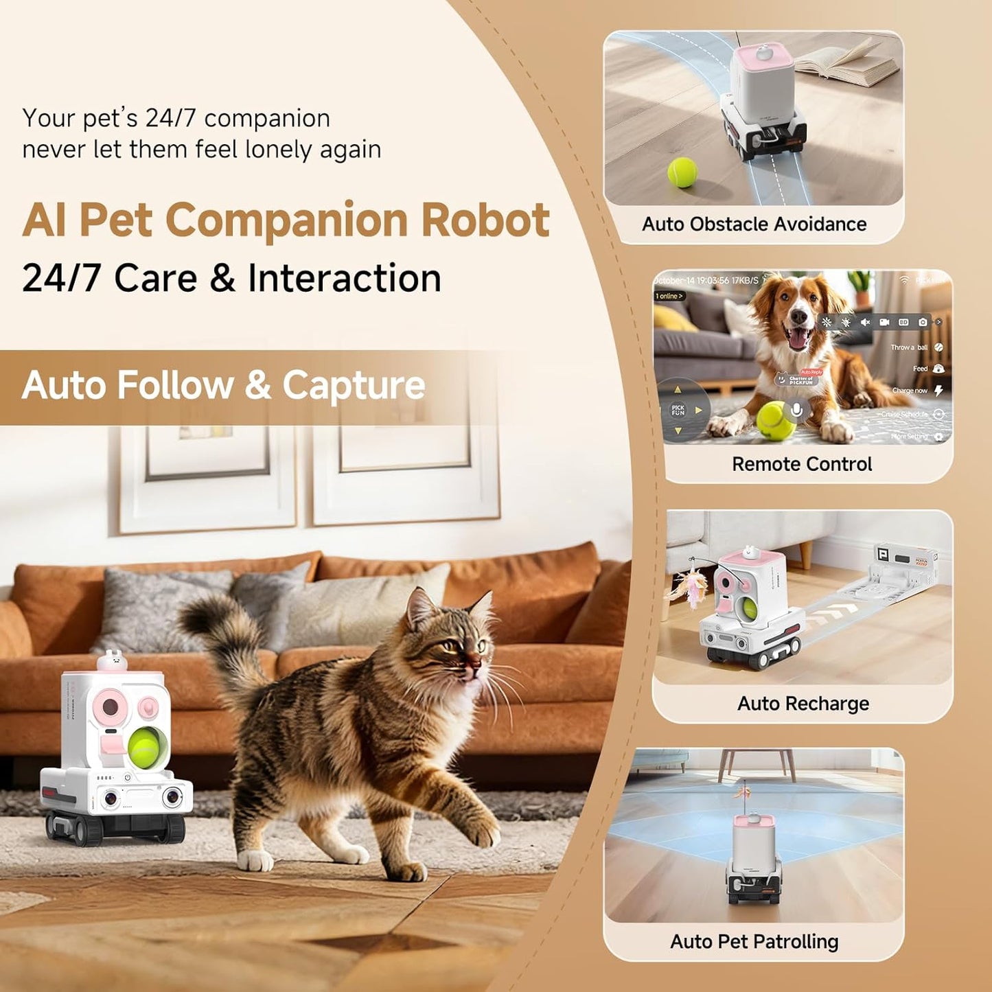 PICKFUN Pmate AI Pet Camera Robot Companion para perros y gatos, cá...