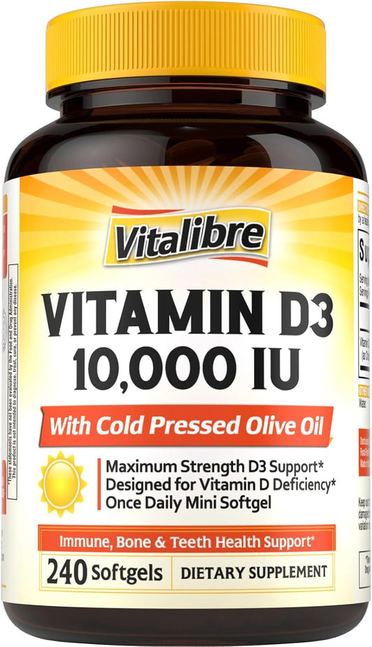 Vitalibre Vitamina D3 de máxima fuerza 10,000 UI (250 mcg), altamen...