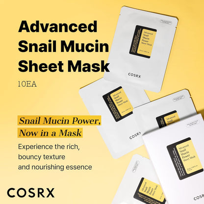 COSRX Máscara de hoja de mucina de caracol 10 EA, máscara facial sin enjuague de esencia de caracol para piel seca, propensa al acné, piel sensible, filtrado de secreción de caracol, no probado en