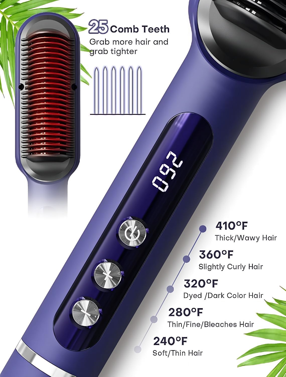 Cepillo alisador de cabello iónico mejorado, peine alisador para mujeres con 9 ajustes de temperatura, pantalla LED, calentamiento rápido (250°F-410°F), doble voltaje, azul