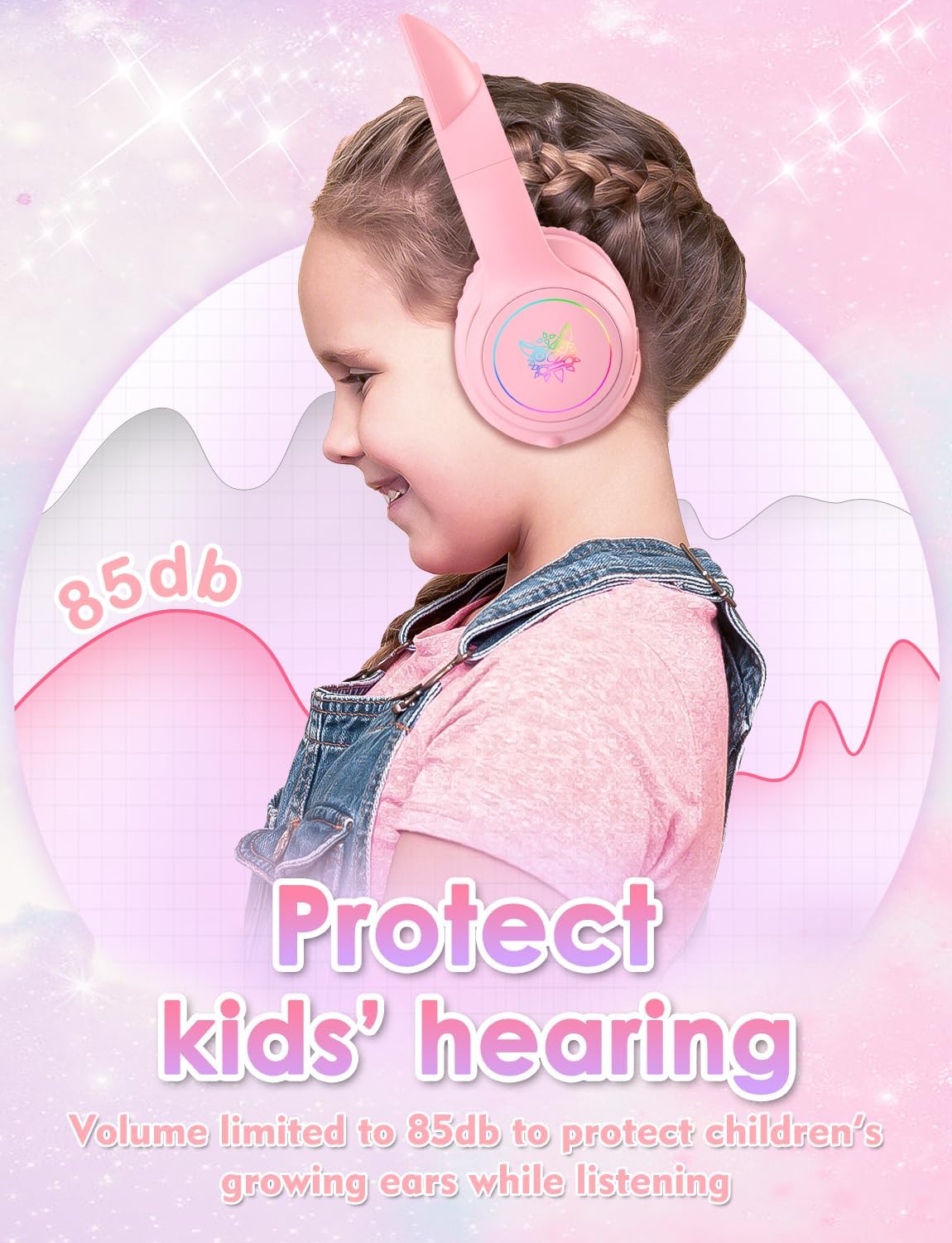 Auriculares Bluetooth para niños con micrófono, con luz LED de orej...