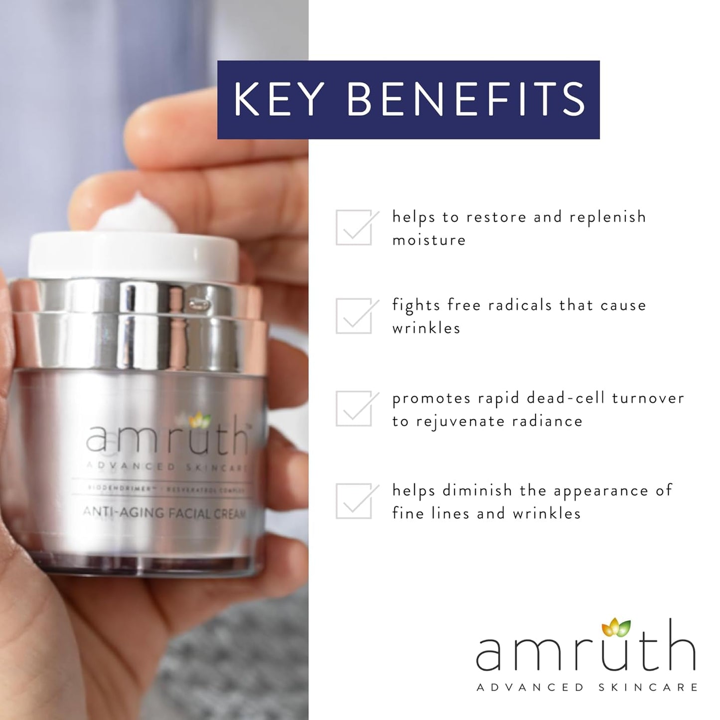 Amruth Resveratrol Crema facial antienvejecimiento diaria, tarro de...