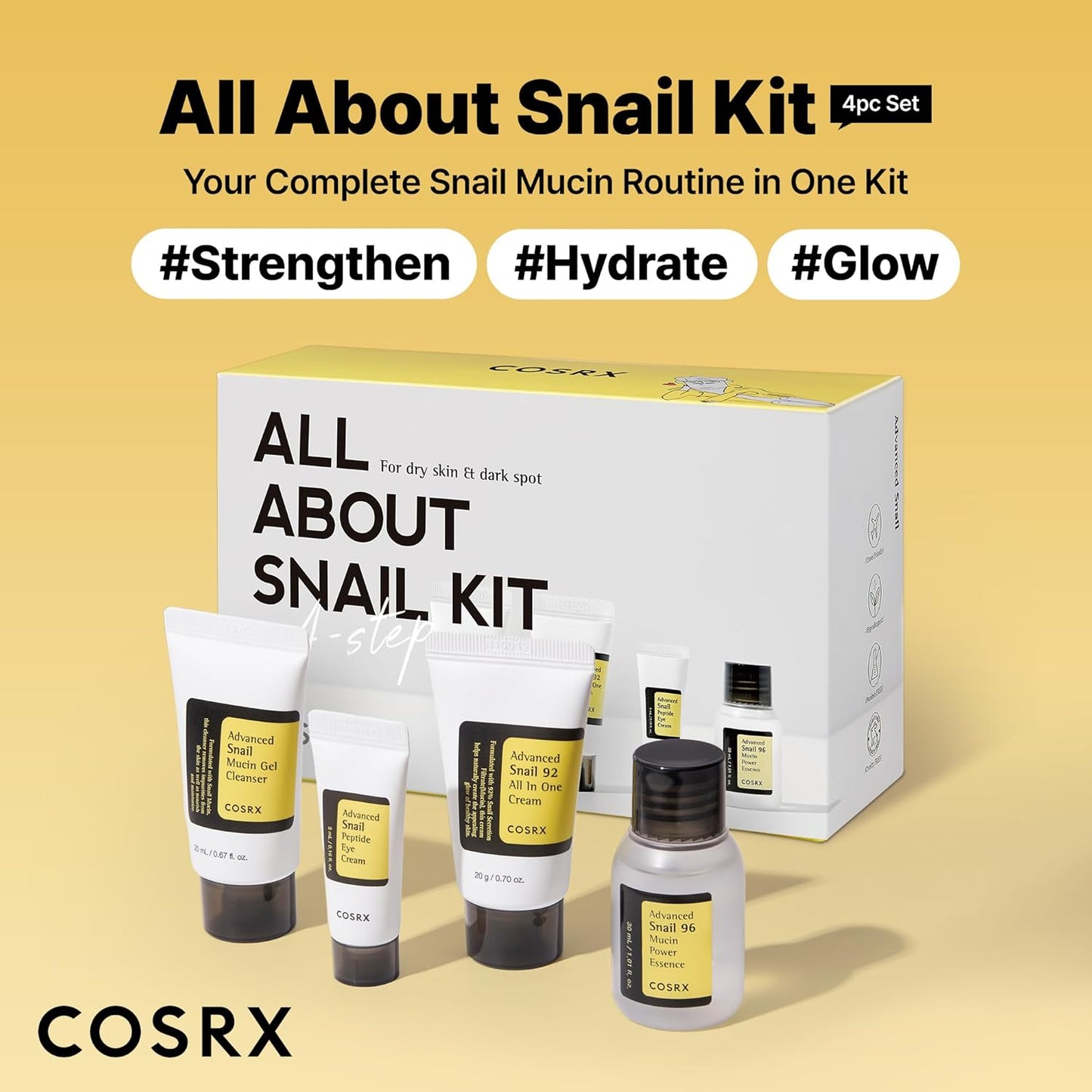 COSRX All About Snail Mucin - Juego de cuidado de la piel coreano, mini artículos esenciales de viaje, juego de regalo de tamaño de viaje con lavado facial de mucina de caracol, suero, crema hidratante y crema para ojos, kit rejuvenecedor
