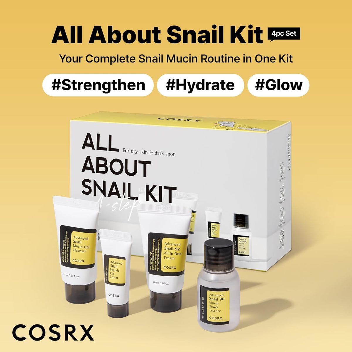 COSRX All About Snail Mucin - Juego de cuidado de la piel coreano, mini artículos esenciales de viaje, juego de regalo de tamaño de viaje con lavado facial de mucina de caracol, suero, crema hidratante y crema para ojos, kit rejuvenecedor