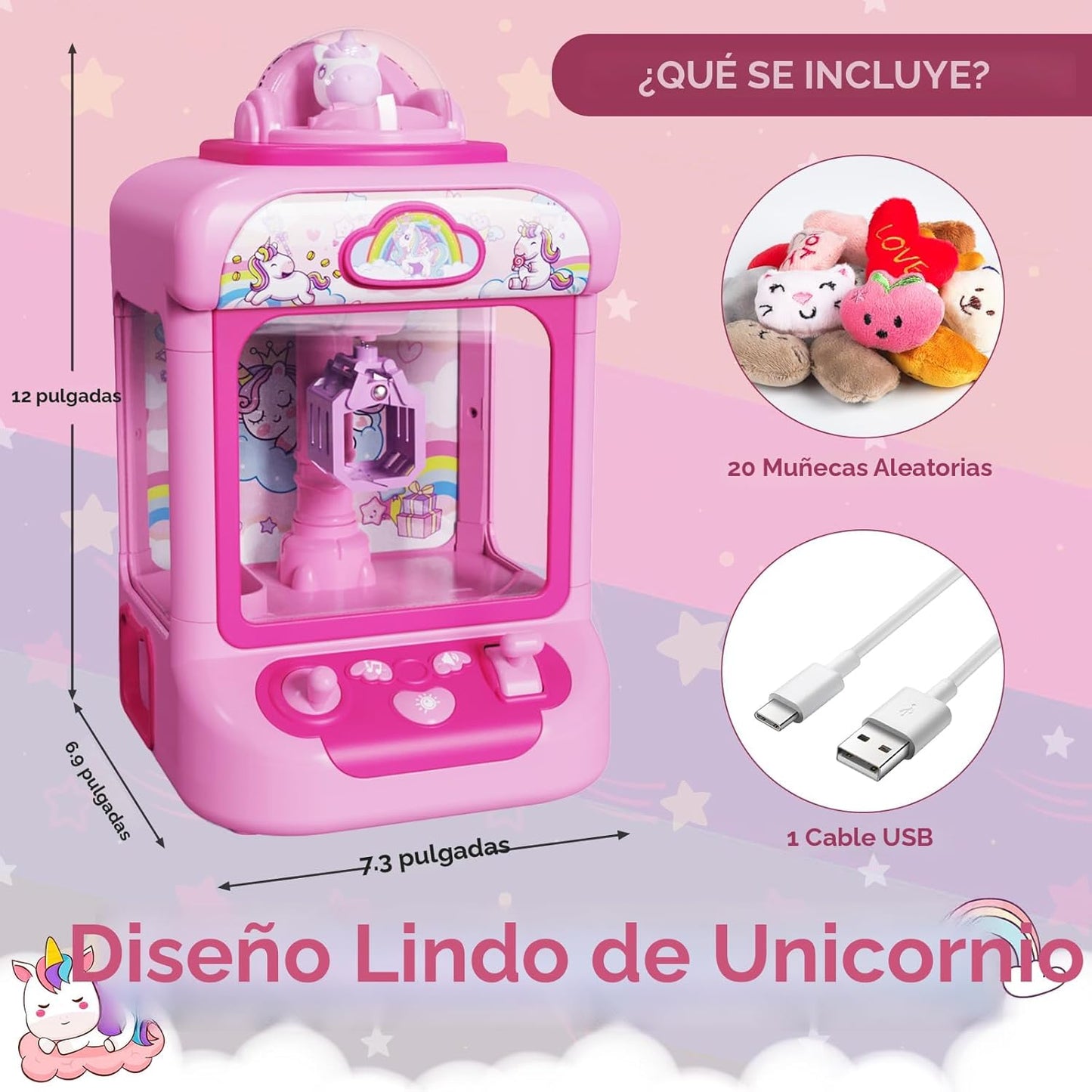 Marlrin Máquina de Garra para Niños, Mini Máquina Expendedora Juguetes de Unicornio para Niñas, Agarrador de Dulces Dispensador de Premios con Sonido y 20 Mini Juguetes de Peluche, Juego de Arcade