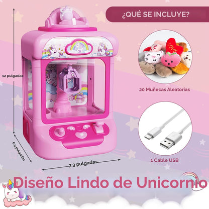 Marlrin Máquina de Garra para Niños, Mini Máquina Expendedora Juguetes de Unicornio para Niñas, Agarrador de Dulces Dispensador de Premios con Sonido y 20 Mini Juguetes de Peluche, Juego de Arcade