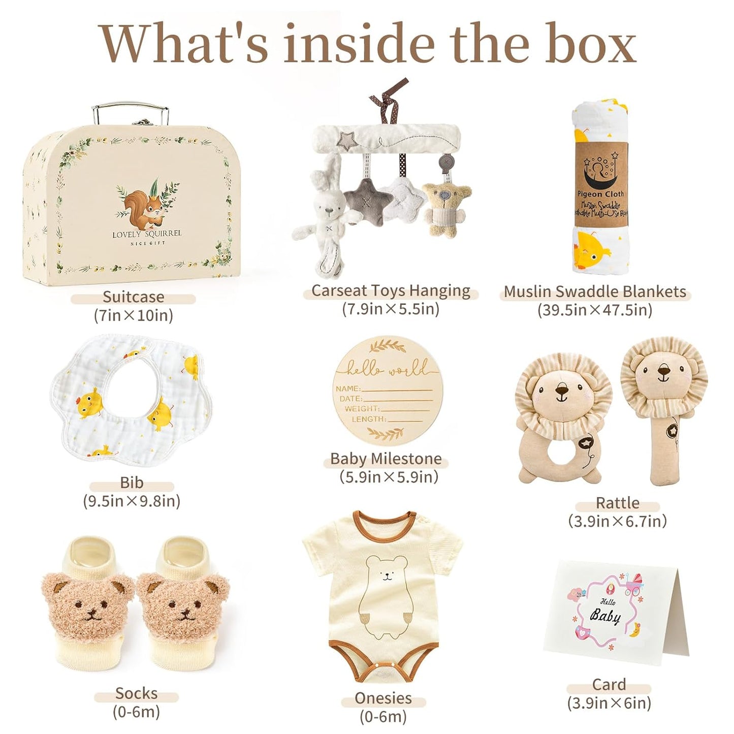 Golray 9 piezas Cestas de Regalo para Bebés Recién Nacidos para Niños y Niñas Baby Shower, 2 Sonajeros/Juguete Colgante de Asiento/Manta/Body/Babero/Calcetines 3D/Hito de Madera/Caja de Transporte