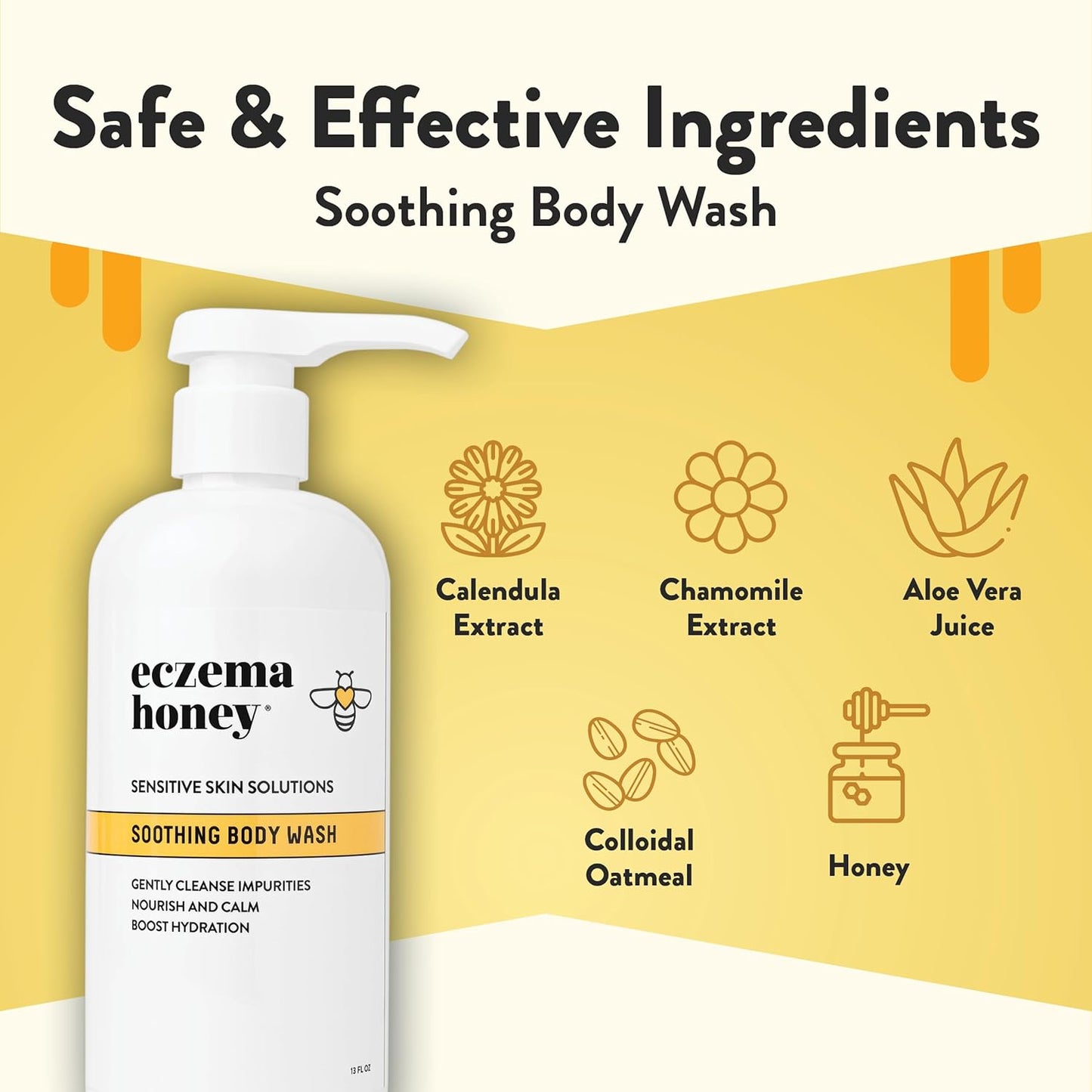 ECZEMA HONEY Gel de baño calmante - Gel de ducha diario y tratamiento de eccema - Gel de ducha para piel sensible para adultos, niños y bebés - Limpiador corporal para aliviar el eccema (13 onzas)