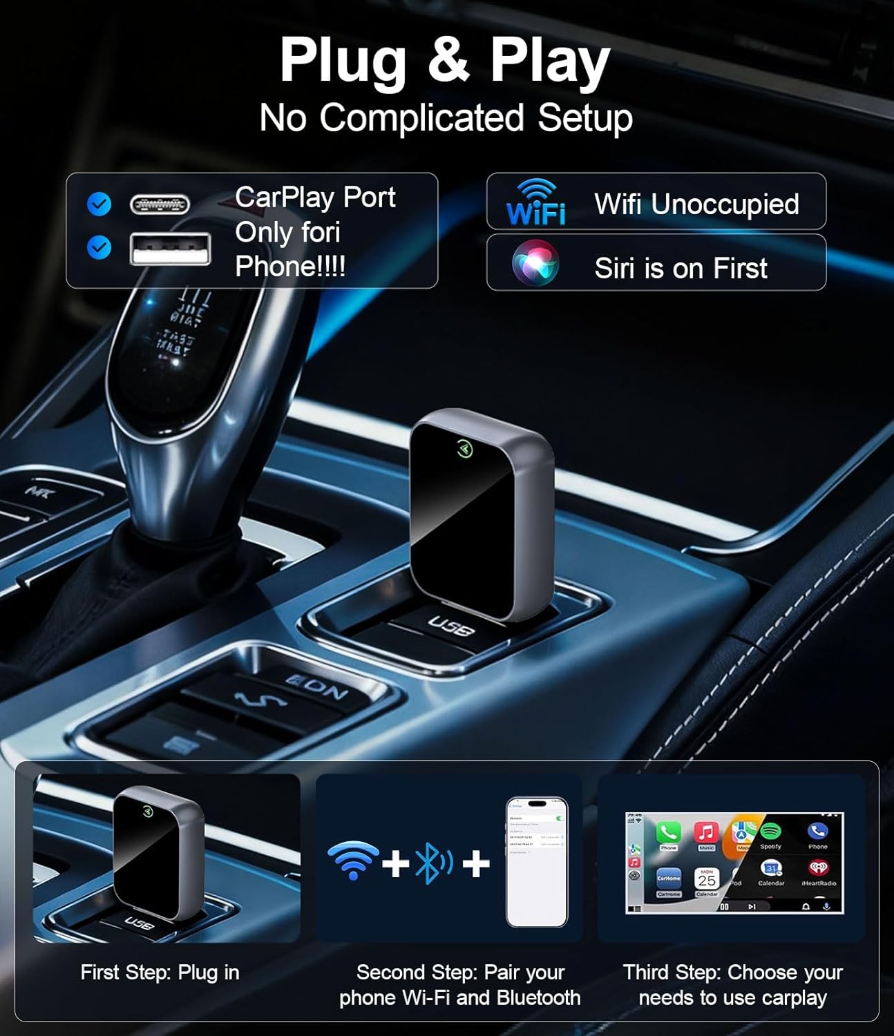 Adaptador inalámbrico CarPlay para iPhone, Bluetooth y Wi-Fi, 3X Auto-Conectar, Sin Latencia, Compatible con Apple CarPlay USB A/C, Enchufe y Reproduce, Convierte CarPlay con cable de