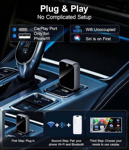 Adaptador inalámbrico CarPlay para iPhone, Bluetooth y Wi-Fi, 3X Auto-Conectar, Sin Latencia, Compatible con Apple CarPlay USB A/C, Enchufe y Reproduce, Convierte CarPlay con cable de