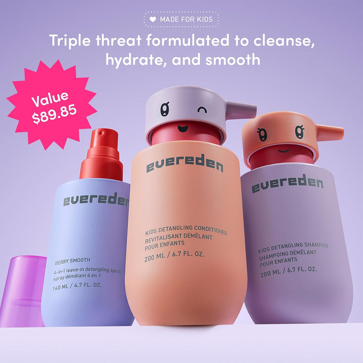 Evereden Kids Champú, acondicionador y espray desenredante + cepill...