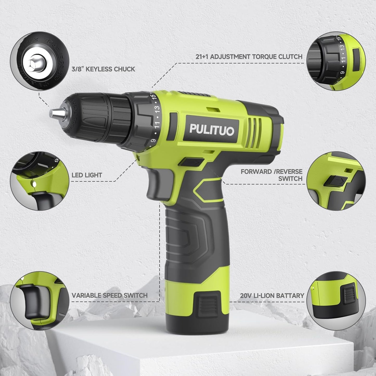 PULITUO Juego de taladro inalámbrico de 12 V verde, kit de taladro...