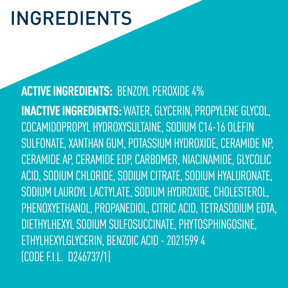 CeraVe Limpiador en crema espumosa para el acné, lavado facial de peróxido de benzoilo al 4% con ácido hialurónico, niacinamida y ceramidas, tratamiento diario suave para el acné para la cara