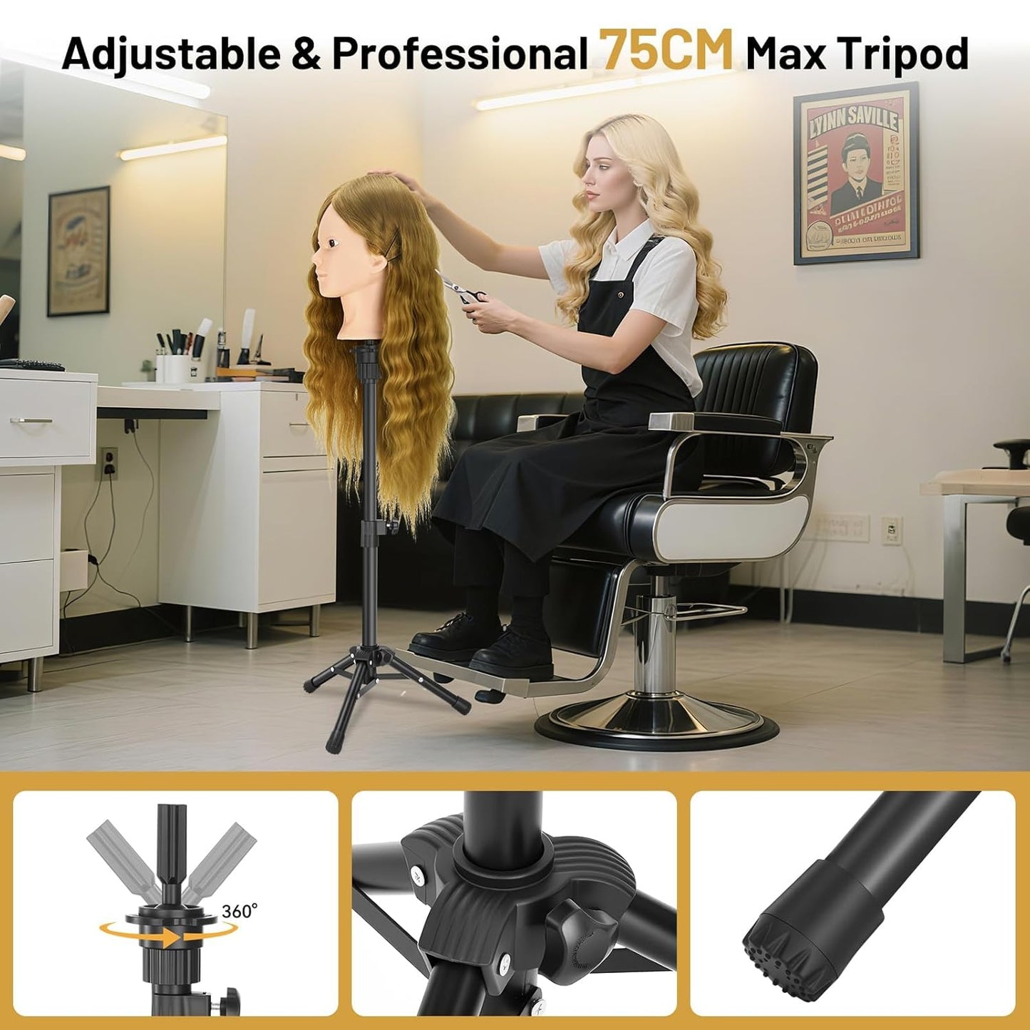 Cabeza de maniquí de 23 pulgadas, cabeza de maniquí de cabello 90%...