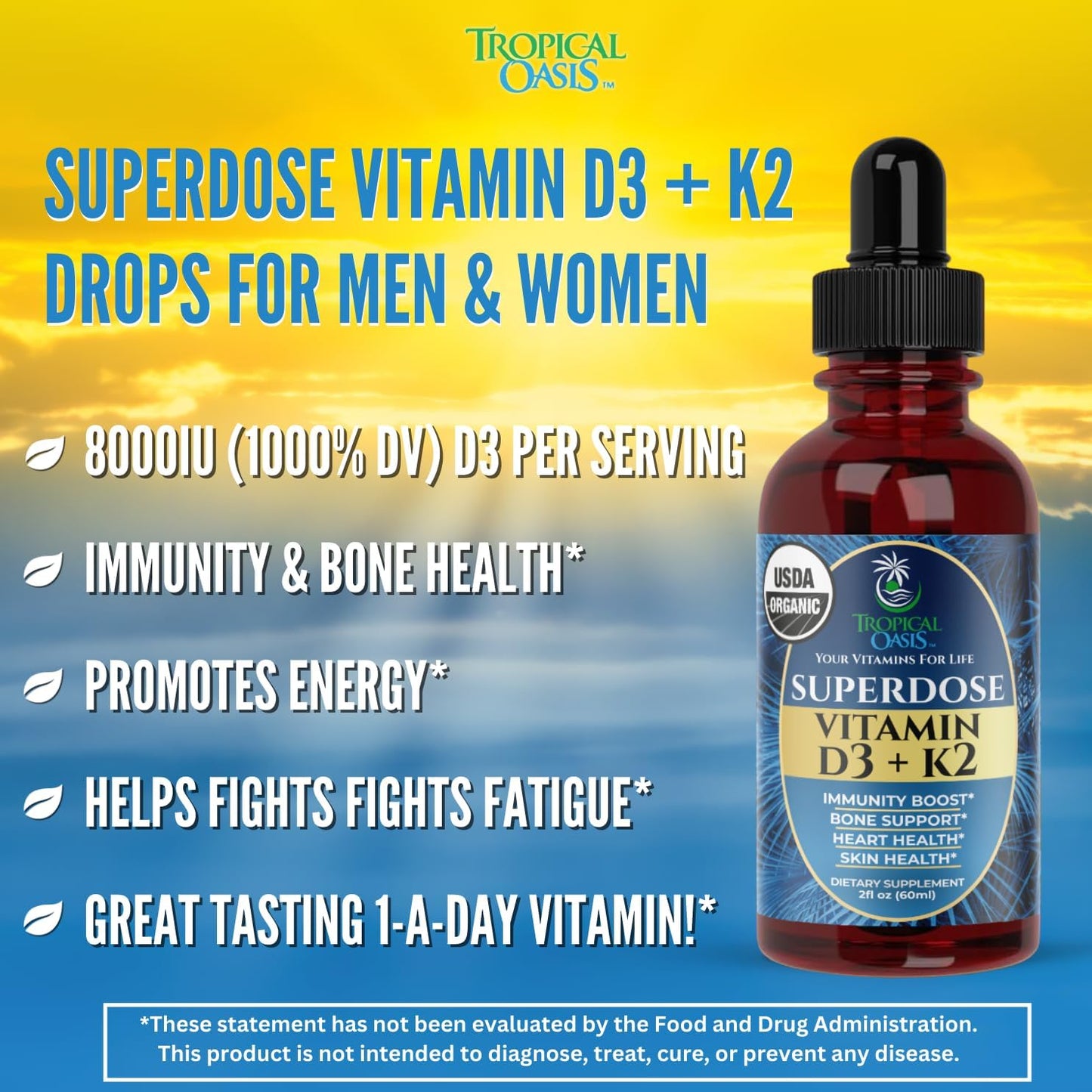 USDA Orgánico Gotas Líquidas de Vitamina D3 K2 para Adultos | Super...