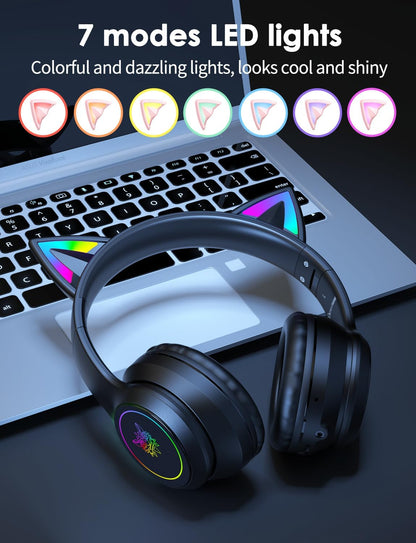 ONITOON Auriculares Bluetooth con orejas de gato para niños y adult...