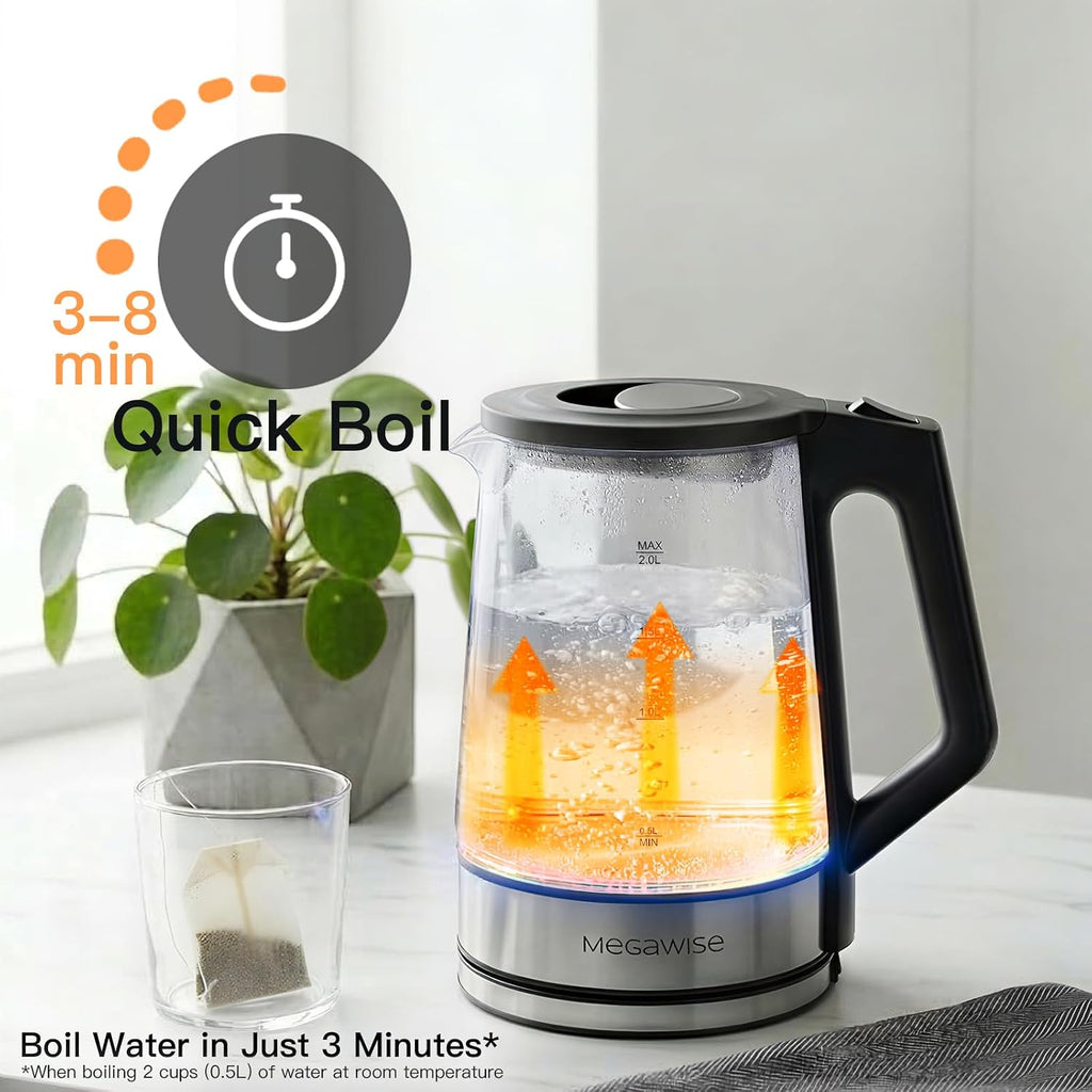 MEGAWISE 2L Hervidor eléctrico de cristal, caldera de agua de 1000W...