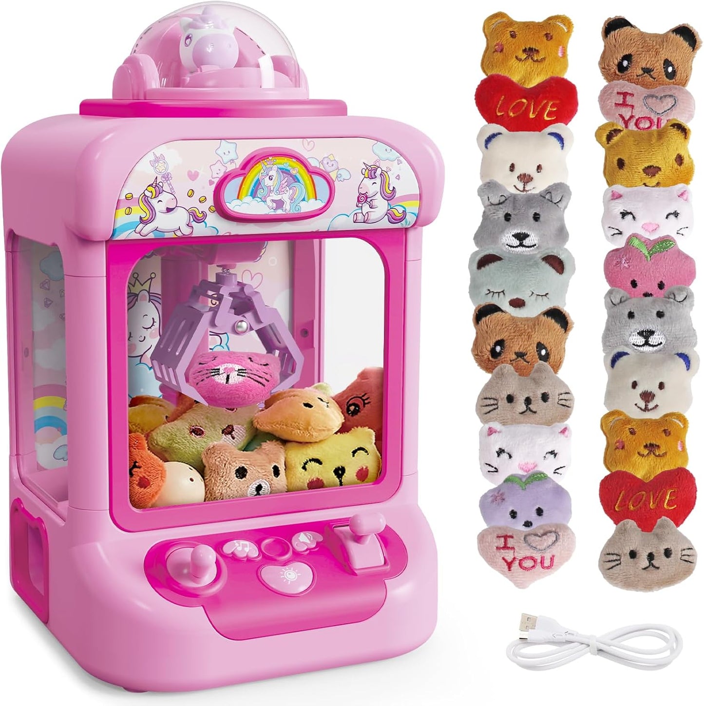 Marlrin Máquina de Garra para Niños, Mini Máquina Expendedora Juguetes de Unicornio para Niñas, Agarrador de Dulces Dispensador de Premios con Sonido y 20 Mini Juguetes de Peluche, Juego de Arcade