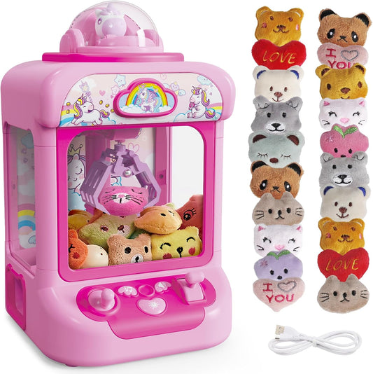 Marlrin Máquina de Garra para Niños, Mini Máquina Expendedora Juguetes de Unicornio para Niñas, Agarrador de Dulces Dispensador de Premios con Sonido y 20 Mini Juguetes de Peluche, Juego de Arcade