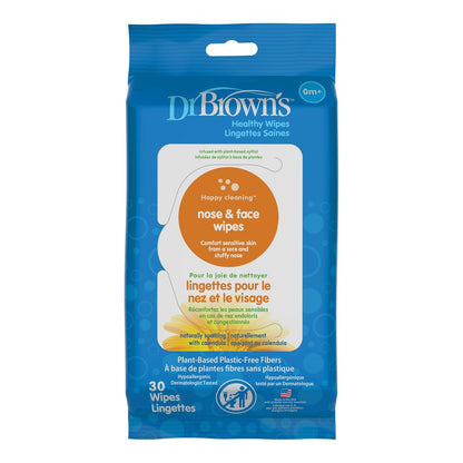Dr. Brown's Toallitas saludables para nariz y cara, limpieza e hidratación seguras para bebés y niños pequeños, hipoalergénicas para pieles sensibles, 30 unidades, 1 paquete (el embalaje puede variar)