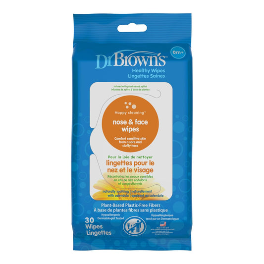 Dr. Brown's Toallitas saludables para nariz y cara, limpieza e hidratación seguras para bebés y niños pequeños, hipoalergénicas para pieles sensibles, 30 unidades, 1 paquete (el embalaje puede variar)