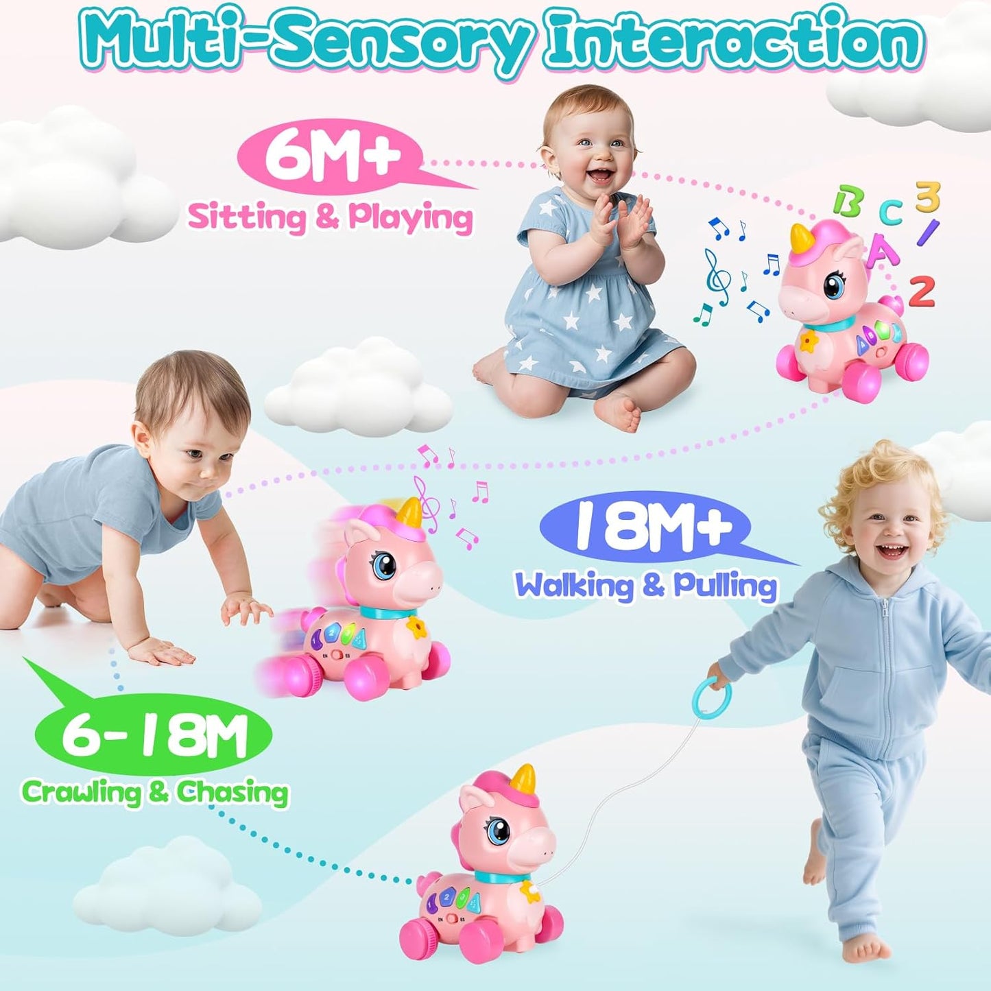 Juguete de unicornio para bebés de 6 a 12 a 18 meses con música y luces, explora la educación bilingüe para el desarrollo sensorial de los niños pequeños, aprender a caminar, moverse, gatear, para el tiempo de la barriga, juguetes de Navidad, regalos de c