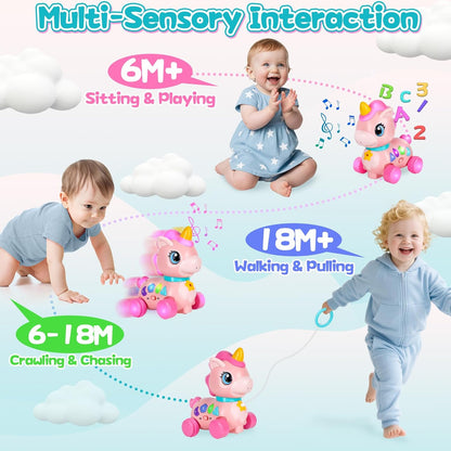 Juguete de unicornio para bebés de 6 a 12 a 18 meses con música y luces, explora la educación bilingüe para el desarrollo sensorial de los niños pequeños, aprender a caminar, moverse, gatear, para el tiempo de la barriga, juguetes de Navidad, regalos de c