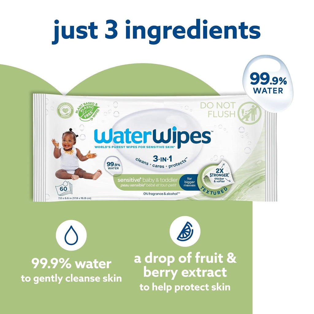 WaterWipes Toallitas Sensitive+ para bebé y niño pequeño, 3 en 1 li...