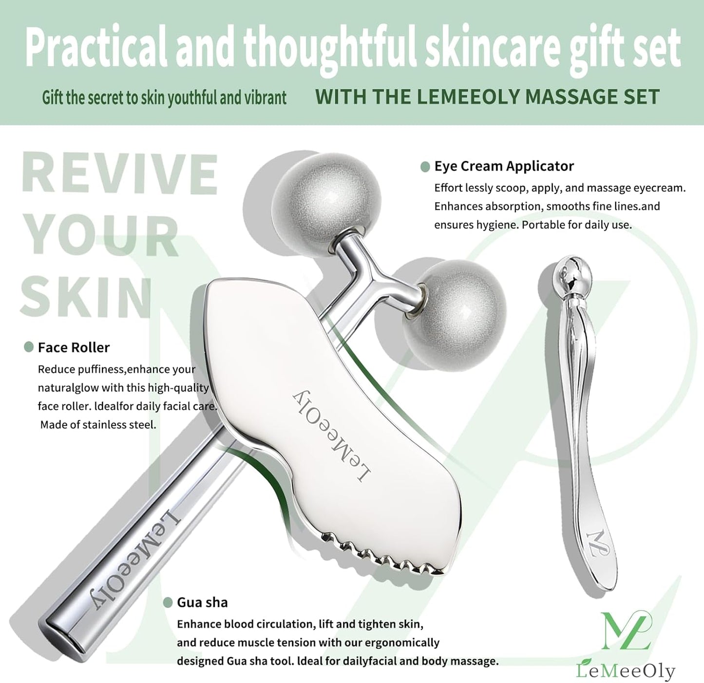 LeMeeOly 2 piezas de herramientas faciales Gua Sha de acero inoxida...