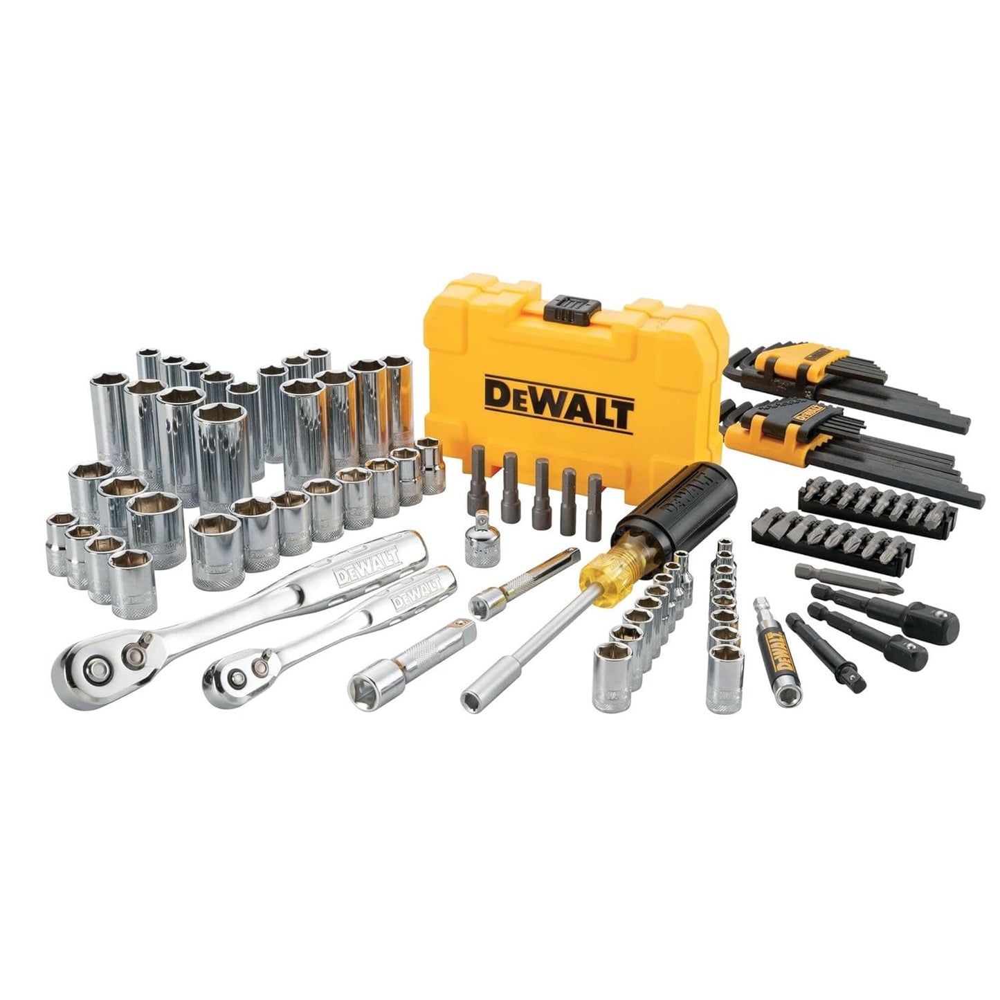 DEWALT Kit de herramientas mecánicas y set de llaves, de 1/4 y 3/8 pulgadas, SAE, 108 piezas (DWMT73801)