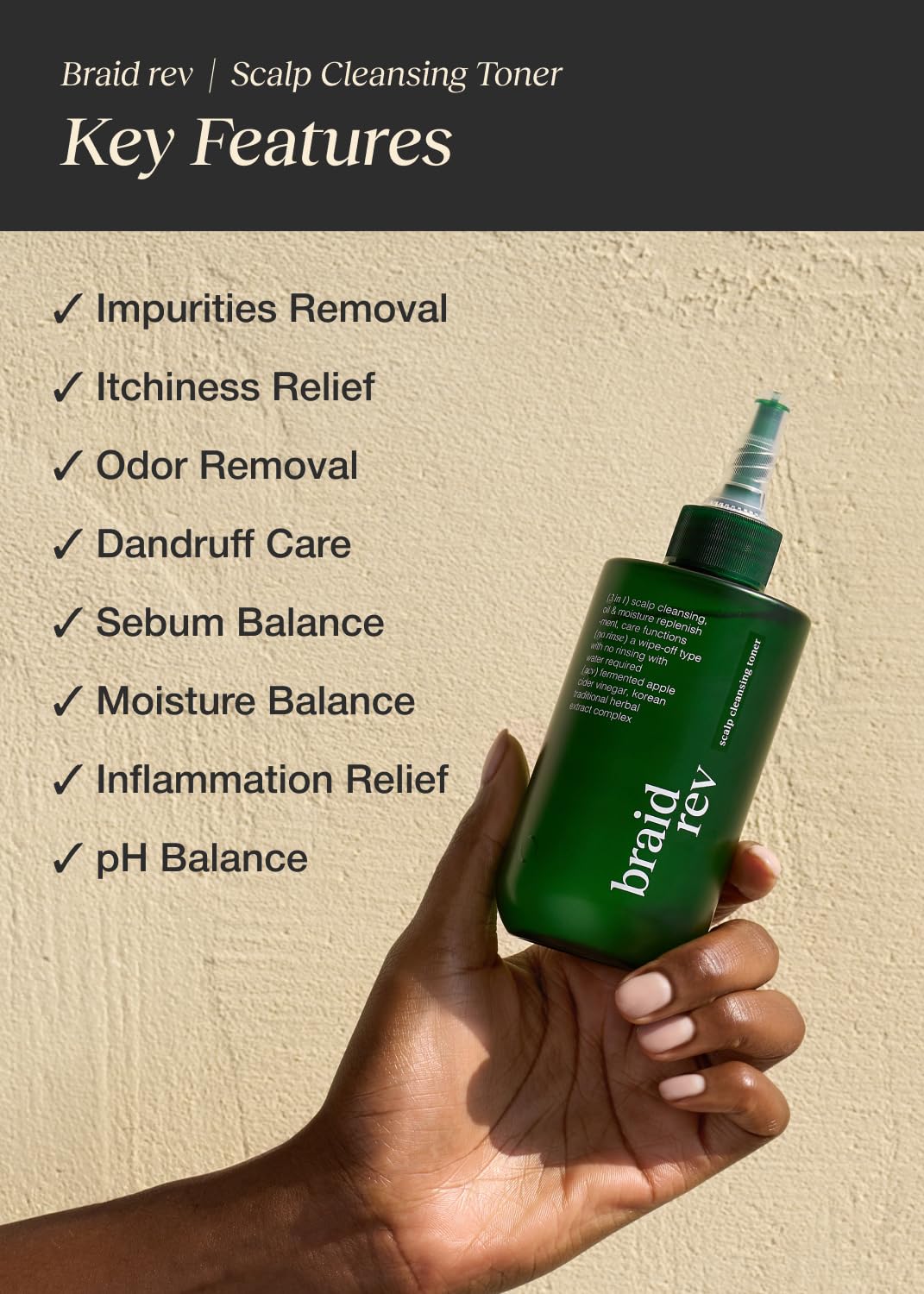 Tónico Limpiador de Cuero Cabelludo Bephor con Vinagre de Sidra de Manzana para Cabello Trenzado, Exfoliante Hidratante para el Cuero Cabelludo Sin Enjuague, 6.76 Fl Oz