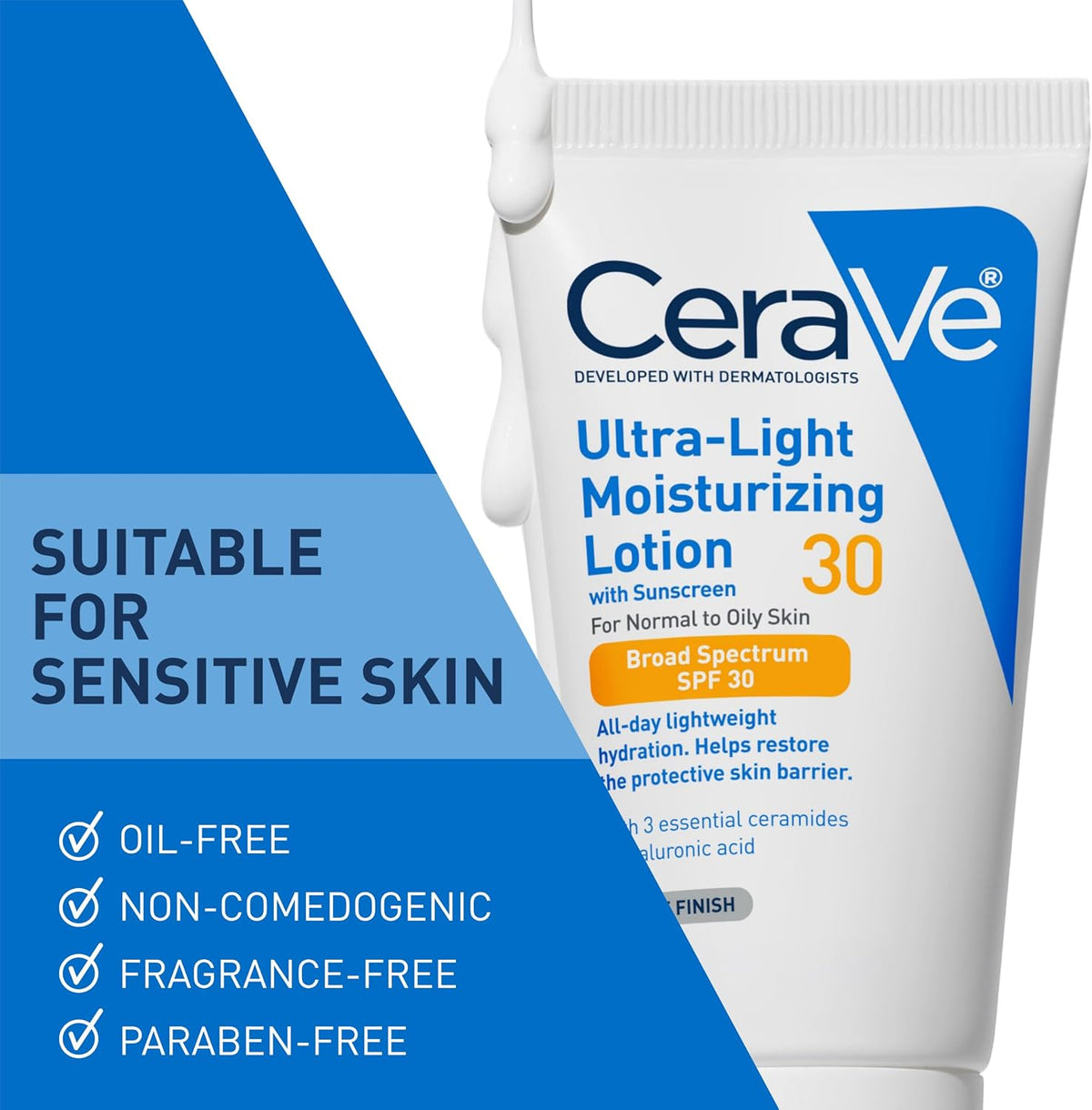 CeraVe Loción hidratante ultraligera SPF 30, protector solar para c...
