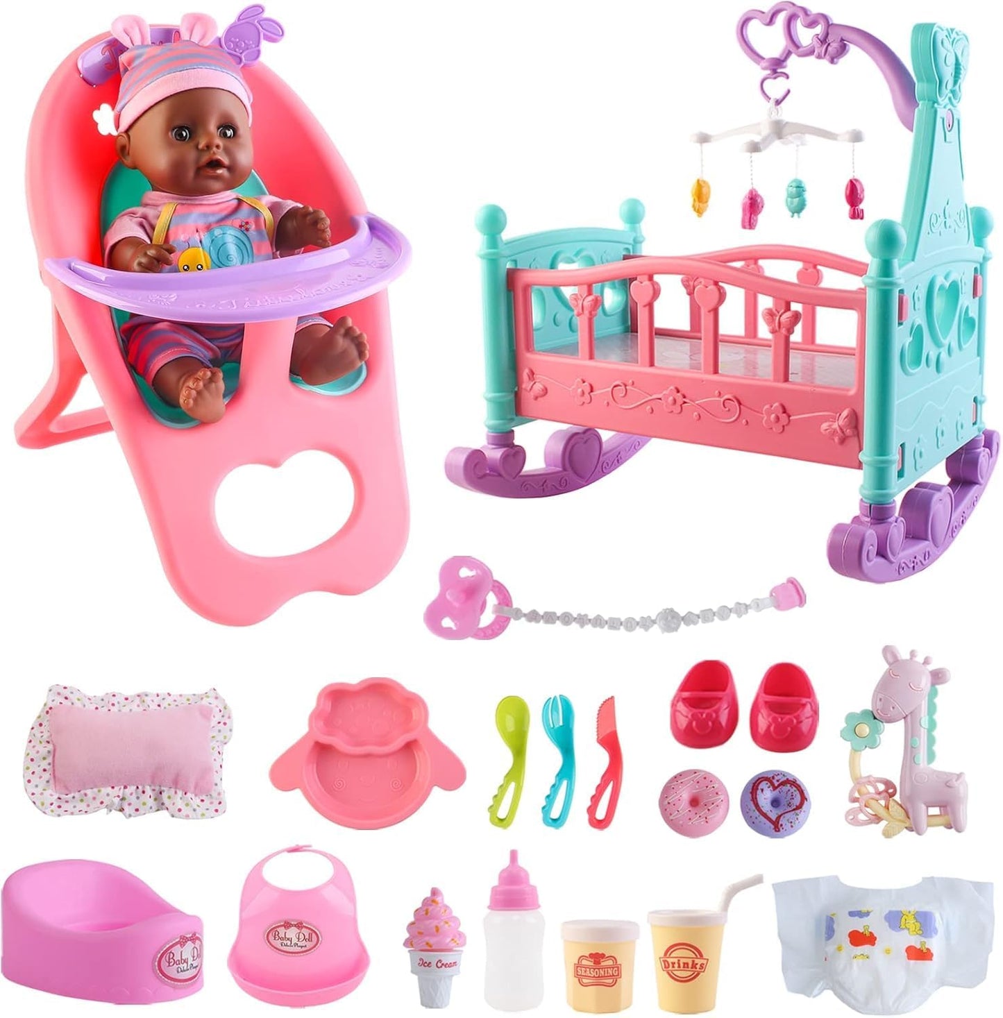 deAO Conjunto de Muñeca Bebé Negra - Móvil, Silla Alta, Cochecito y...