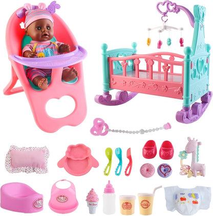 deAO Conjunto de Muñeca Bebé Negra - Móvil, Silla Alta, Cochecito y...