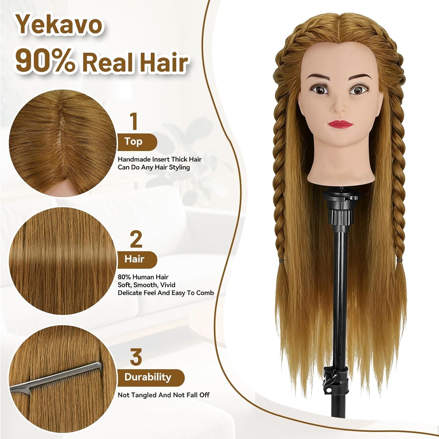 Cabeza de maniquí con 90% cabello humano, cabeza de muñeca de pelo...