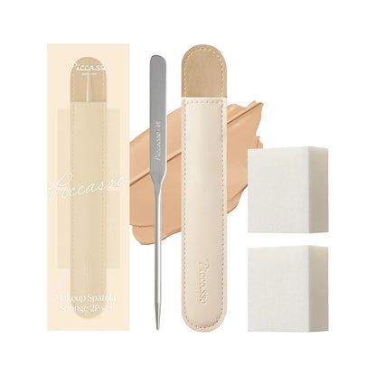 Brocha Coreana Piccasso Espátula de Maquillaje + Esponja Set 2P – Herramientas de Maquillaje Profesionales con Espátula de Precisión y 2 Esponjas Suaves, Ideal para Mezclar Base, Crema o Maquillaje