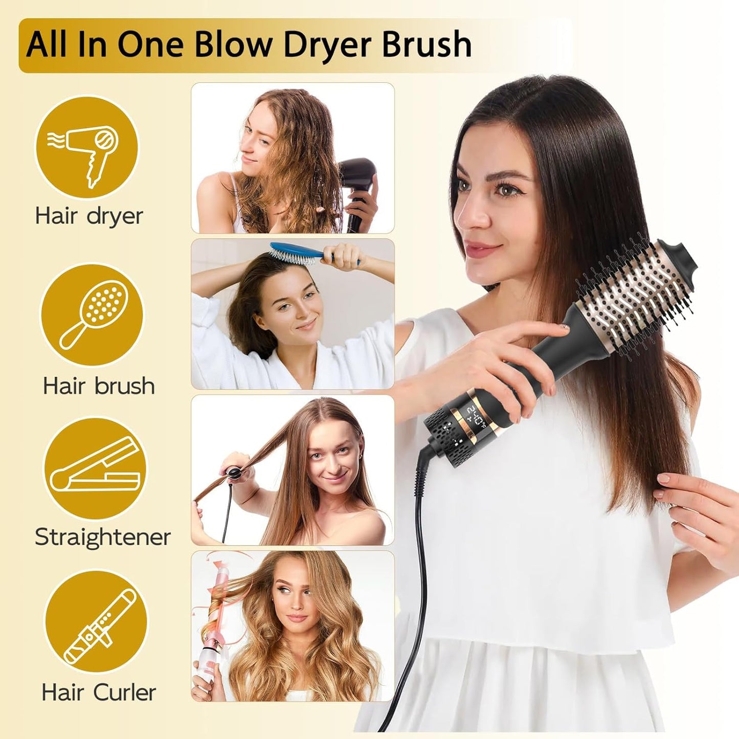 Nicebay Cepillo Secador de Cabello, Cepillo Secador para Mujeres Peinado Rápido, Cepillo de Peinado en Un Paso con Pantalla - Menos Frizz, Más Brillo, Cilindro Cerámico Ovalado, Iones Negativos