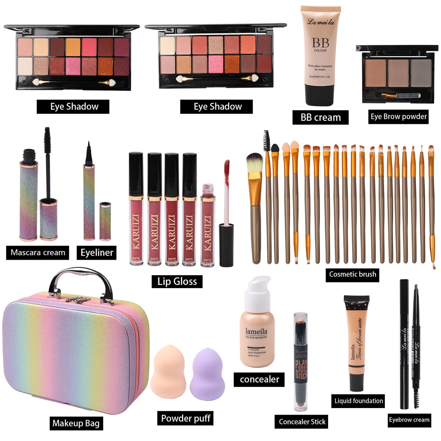 Set de maquillaje para niñas, kit de maquillaje arcoíris, cajas de belleza con pinceles y cosméticos, organizador de estuche de maquillaje elegante, rosa